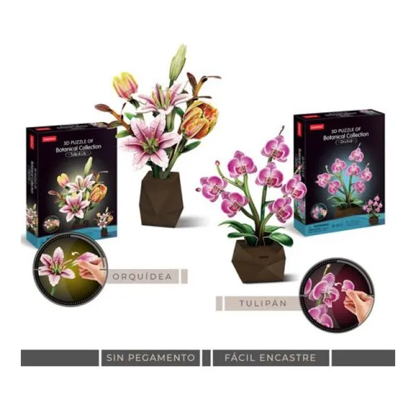 Flores 3d botánicas, puzzle tridimensional. cada