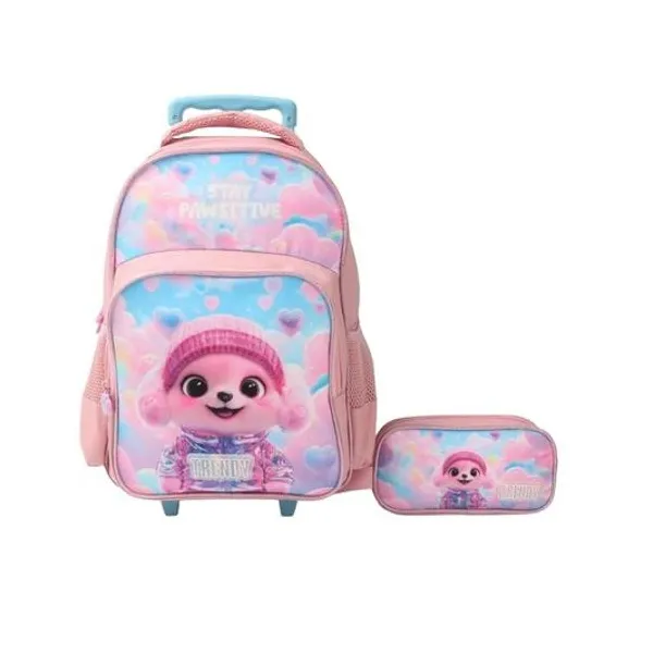 Mochila 15" con carro y cartuchera perrito Trendy