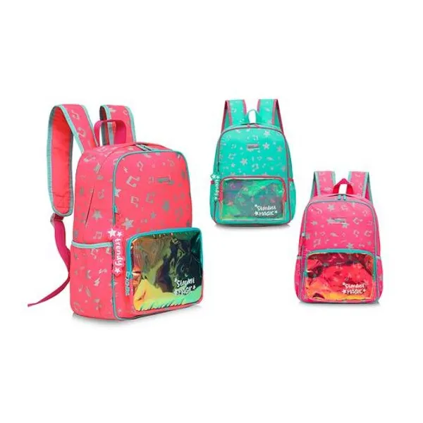 Mochila 15" espalda con bolsillo tornasol x unidad colores surtidos Trendy