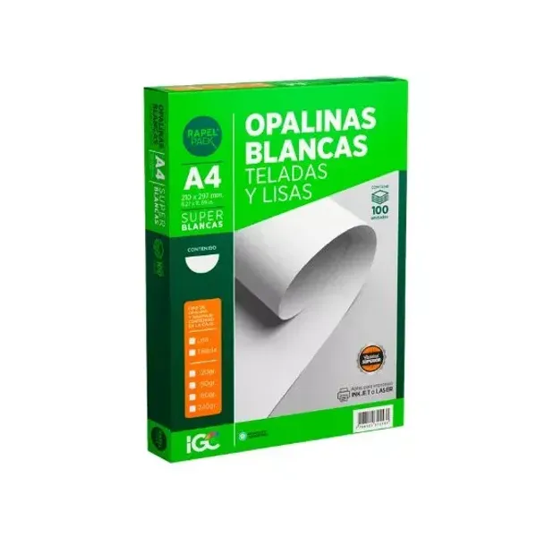 Papel opalina rapel pack premium lisa tamaño a4 120 grsx 10 hjs.