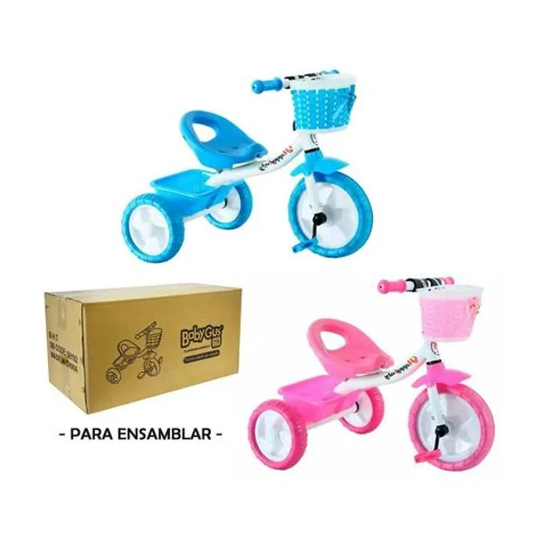 Triciclo doble canasto de caño 70x55x45 cm (en caja para ensamblar) x1 colores surtidos