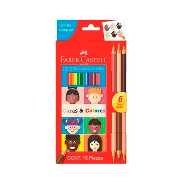 Lápices de colores Faber-Castell caras y colores largos x12 unid.+ 3 bicolor