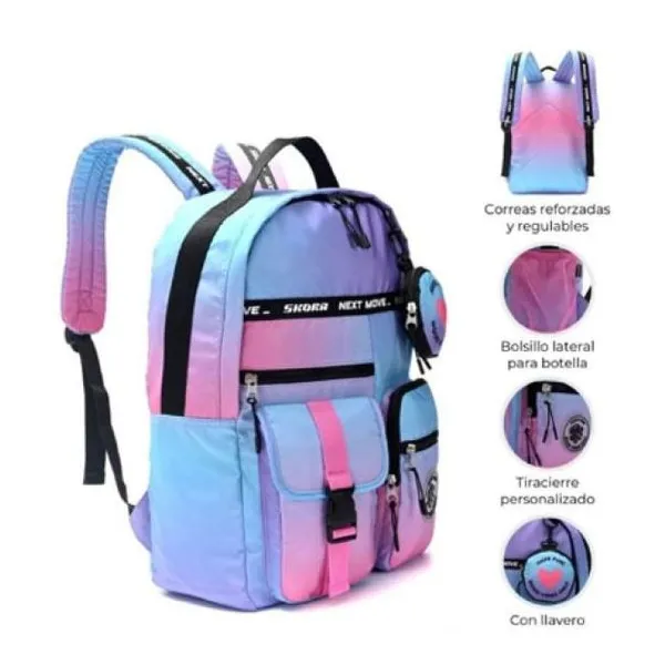 Mochila rainbow arcoiris degrade con llavero 32 x45 x15 18