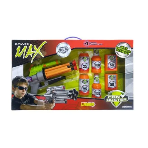 Canopla blaster pistola lanza 4 flechas con ventosa a repetición, con latitas.