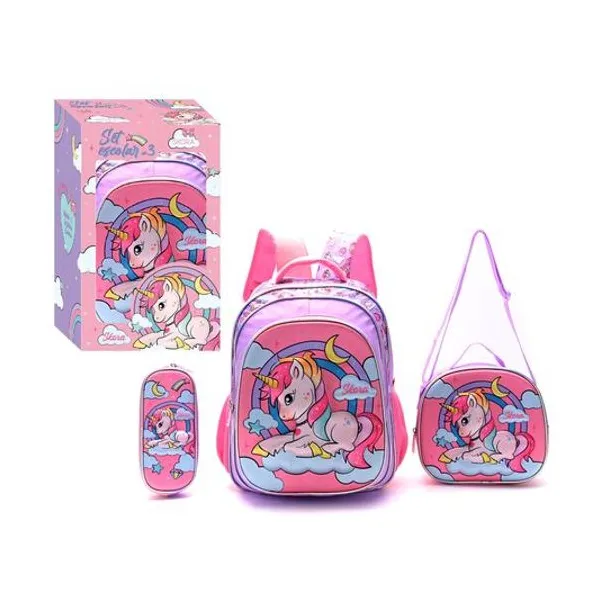 Set mochila 16" con lunchera 24x22x9 cm y cartuchera 23x10x4.5 cm unicornio en caja Skora
