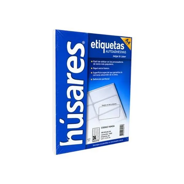 Etiquetas uetas autoadhesivas 6.40x3.39 cm (24 etiquetas x hoja) a4 100 hojas husares