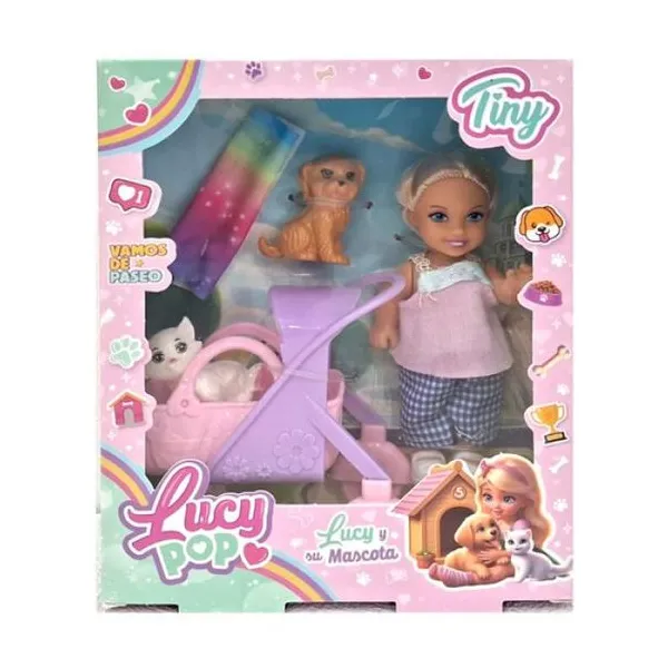 Lucy pop mini muñeca con su mascota con cochecito 17 14 cm