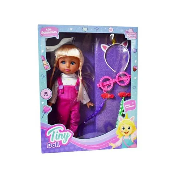 Muñeca Tiny doll 30 cm con accesorios en caja con visor 35x27x8 cm