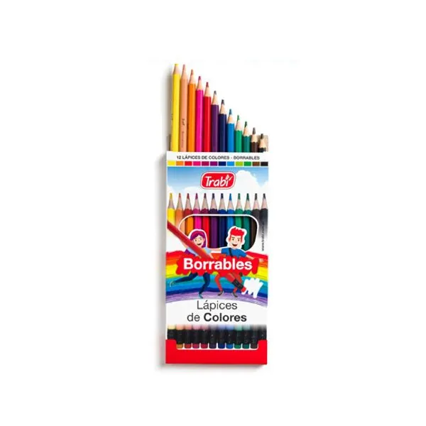 Lápices de colores trabi borrables con goma largos x12 unid.