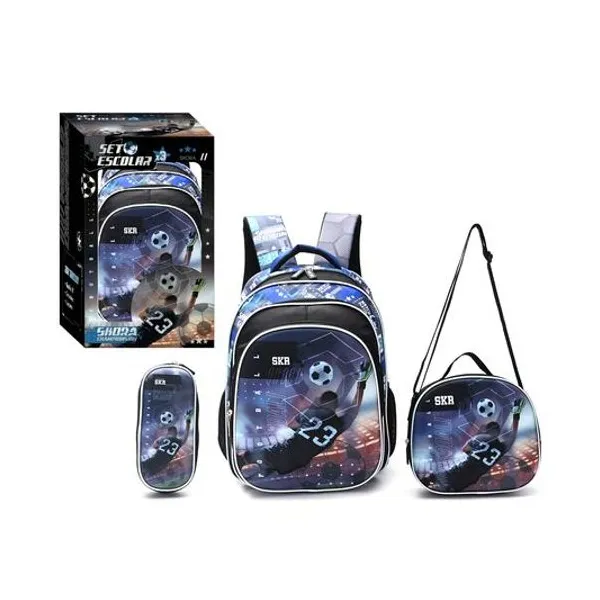 Set mochila 16" con lunchera 24x22x9 cm y cartuchera 23x10x4.5 cm fútbol Skora