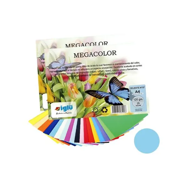 Papel iglu megacolor m07 celeste tamaño a4 120 grsx 25 hs