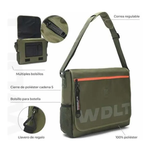 Morral cartero wanderteam 39x32x10 cm con llavero verde militar con detalle nara