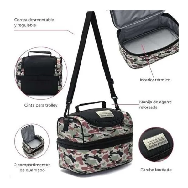 Lunchera 2 pisos con correa lets play camo 23.5x14.5x12 cm