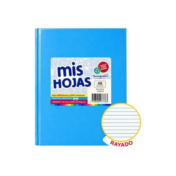 Cuaderno 19x24 rayado 48 hojas tapa dura celeste araña mis hojas