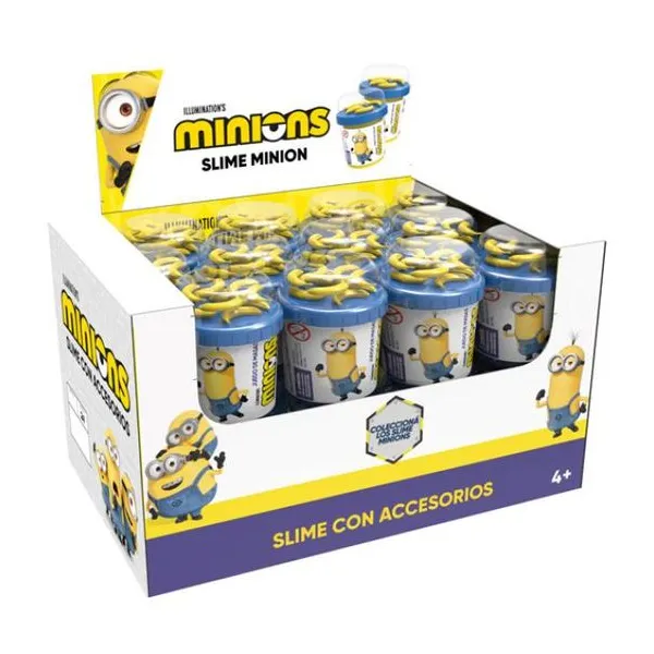 Pote maxi minions slime con bananas + caja exhibidora