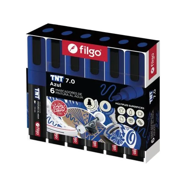 Marcador de pintura al agua tnt punta biselada 1/7 mm azul caja x6 Filgo