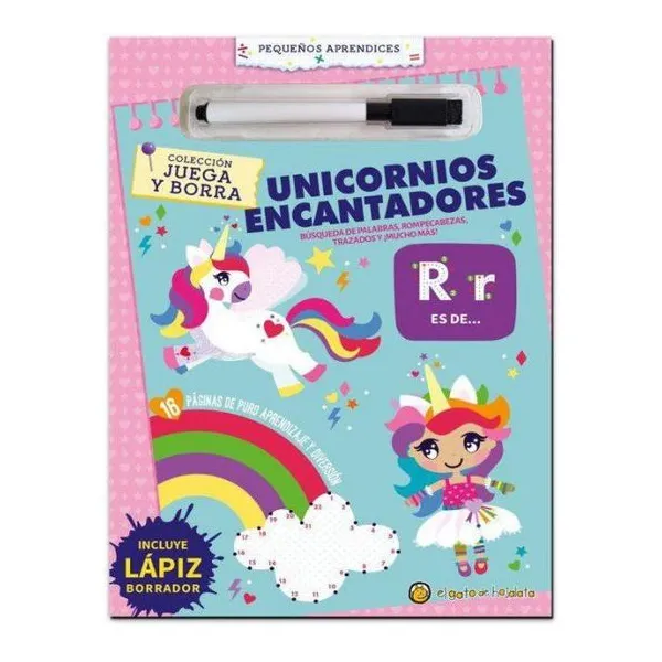 Unicornios encantadores juega y borra imprenta mayúscula
