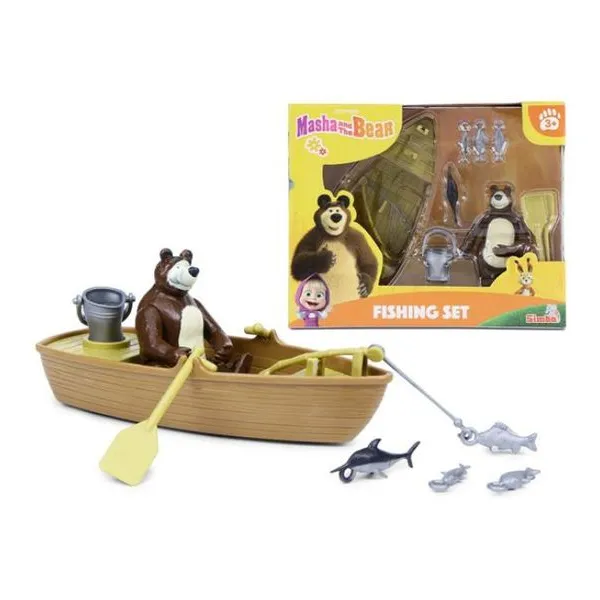 Playset bote de pesca. incluye: muñeco oso, pescados, bote y accesorios
