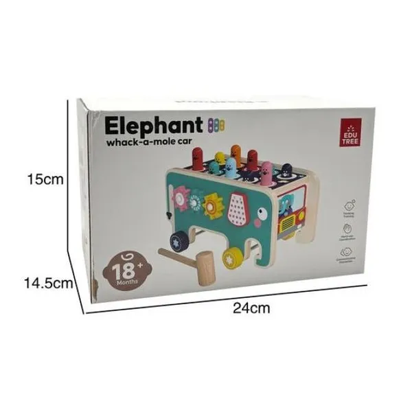 Coche elefante de madera. varios juegos en uno: bajar al topo con martillos, toc