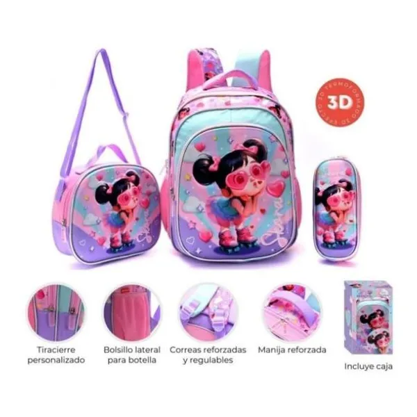Set x3 mochila 16", lunchera y cartuchera think happy nenas cool tutu rosa te