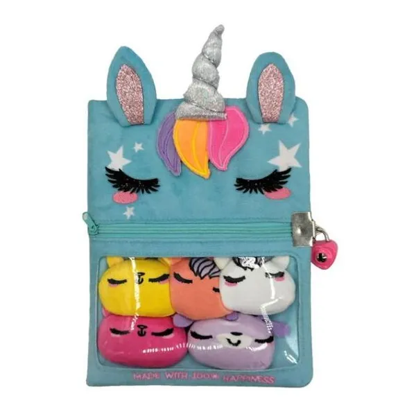 Diario plush a5 rayado con mini peluches con candado unicorn