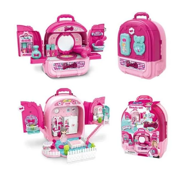 Valija 3 en 1. es mochila, tocador con accesorios de belleza y casita de muñecas