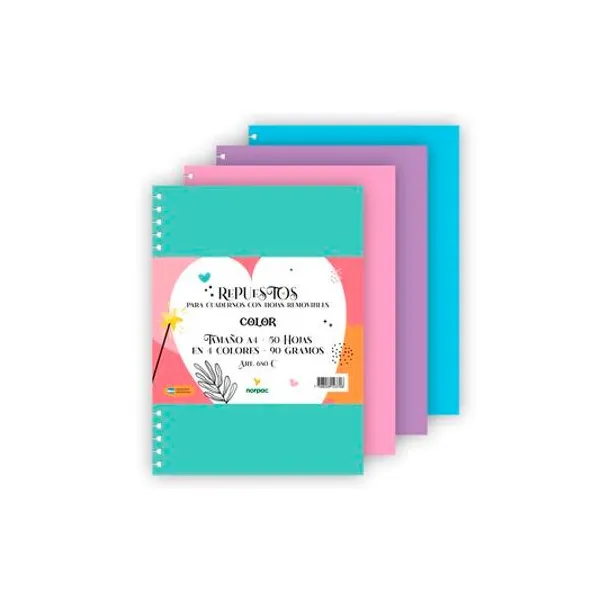 Repuesto a4 color 50 hojas para cuaderno inteligente de hojas removibles norpac
