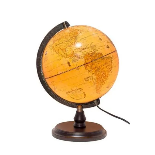 Globo terraqueo 25 cm base madera meridiano de metal antiguo con luz