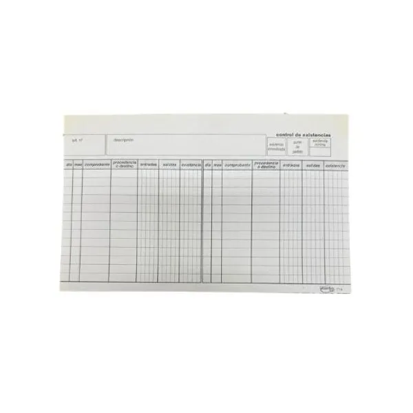 Fichas control existencia n.° 714 diseño 12.5 x20 x100 unid.