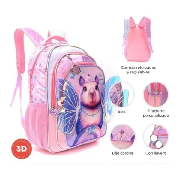 Mochila 18" capibara hada con llavero termoformada 32 x45 x15 cm