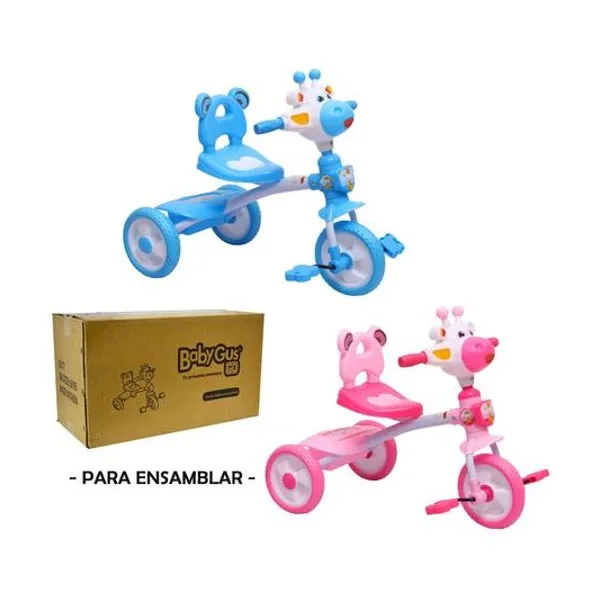 Triciclo jirafa con luz y sonido 70x55x40 cm (en caja para ensamblar) x1 colores surtidos