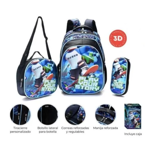 Set x3 mochila 16", lunchera y cartuchera lets play gamer skater termoformad