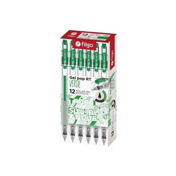 Bolígrafo roller 0.7 mm tinta verde gel pop retractil x12 unidades en caja Filgo