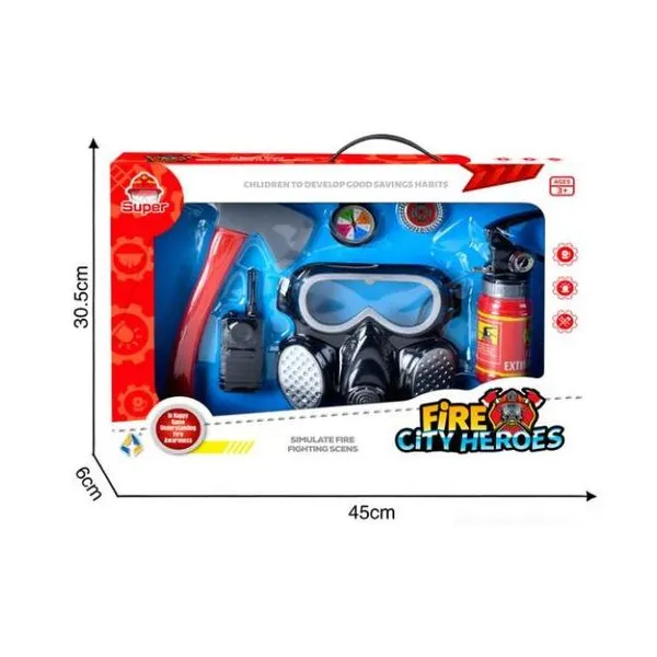 Set de bombero con mascara, hacha, extintor, radio y accesorios