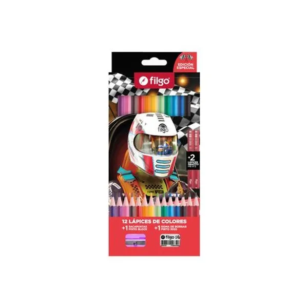 Lápiz de color largo de resina Pinto racer con goma y sacapunta caja x12 Filgo