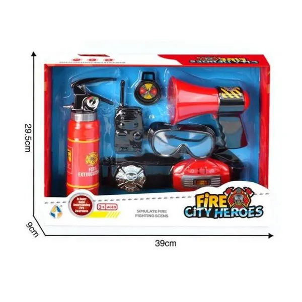 Set de bombero con mascara, megáfono, extintor, radio y accesorios