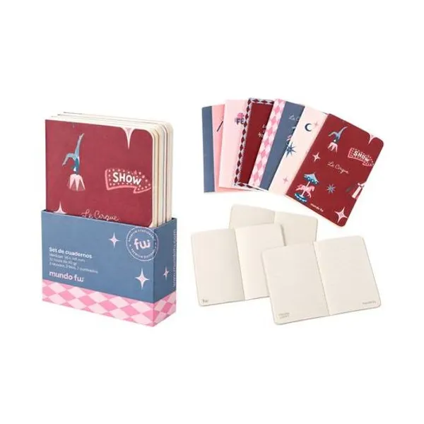 Set de libretas 9.5x14.8 cm rayada/lisa/punteada 32h x6 le cirque mundo fw