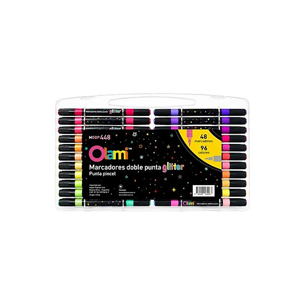 Marcador punta pincel doble punta glitter valija x48 olami