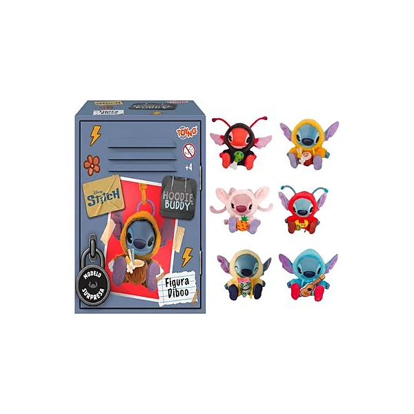 Peluche Stitch hoodie buddy con clip sorpresa en caja 12x15 cm x1 modelos surtidos