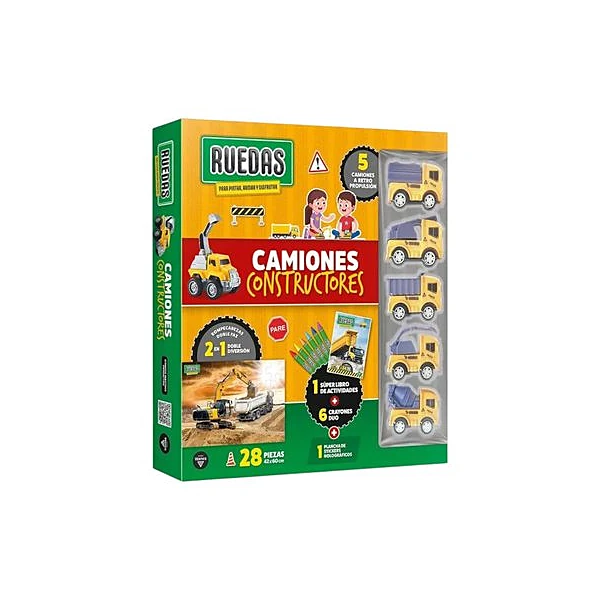 Libro de actividades con accesorios ruedas camiones constructores en caja 27x29 cm