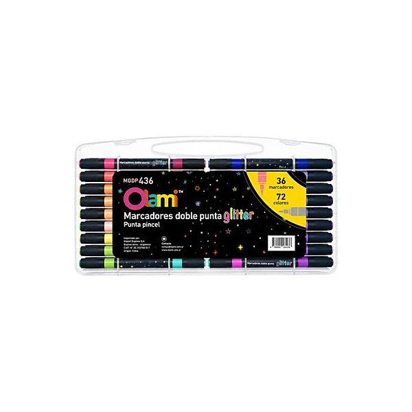 Marcador punta pincel doble punta glitter valija x36 olami