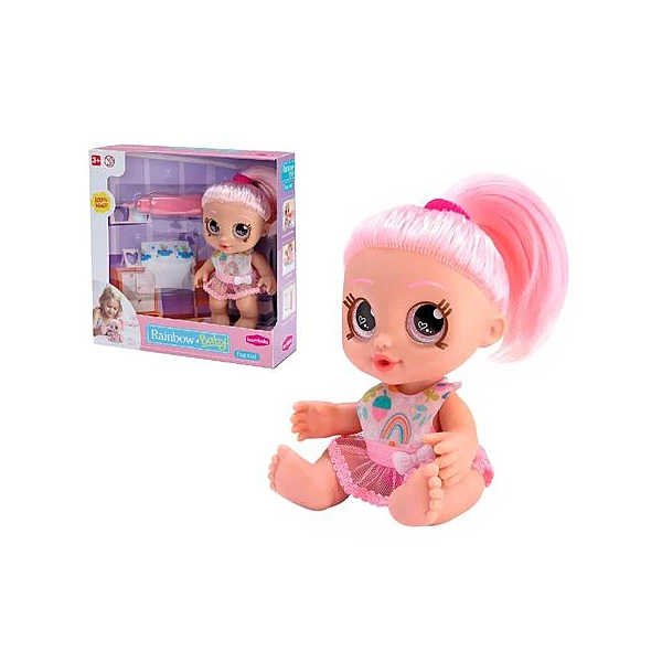 Muñeca baby rainbow hace pis con acc. 20 cm en caja 26x26 cm