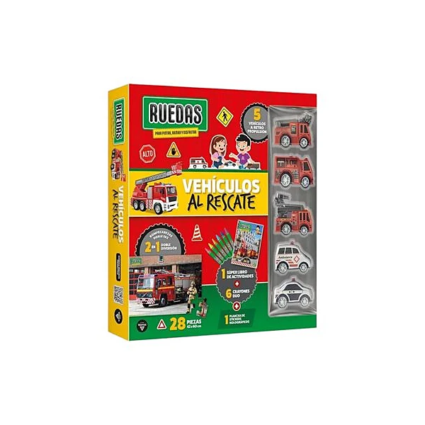 Libro de actividades con accesorios ruedas vehiculos al rescate en caja 27x29 cm