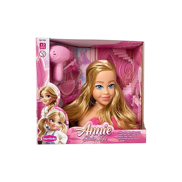 Muñeca annie estilista con accesorios en caja 26x24x12 cm