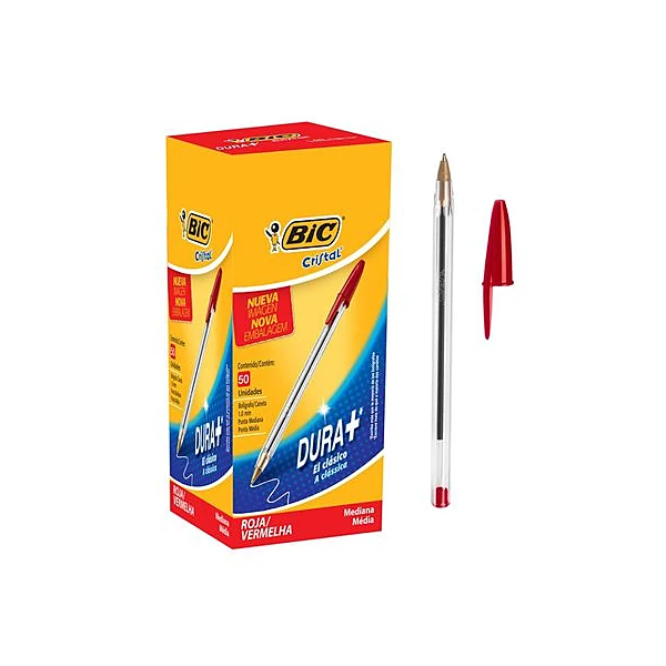Bolígrafo cristal dura + rojo 1.0 mm caja x50 BIC