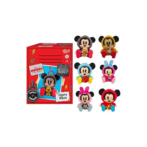 Peluche mickey hoodie buddy con clip sorpresa en caja 12x15 cm x1 modelos surtidos