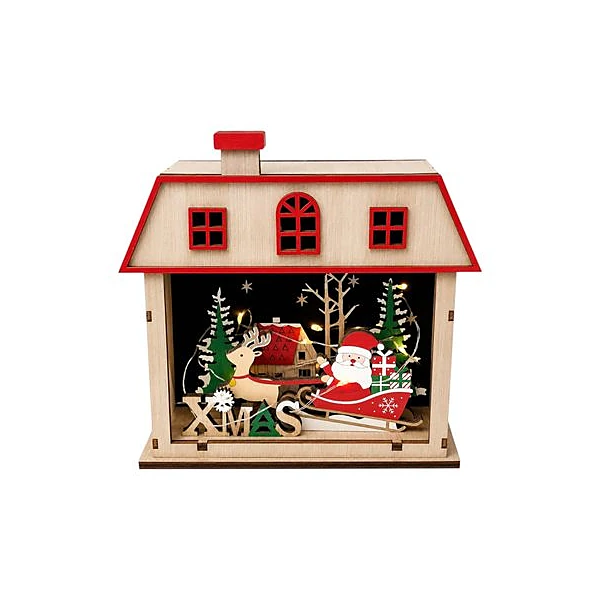 Casita con papá noel en trineo con luz 18x18.5 cm x1