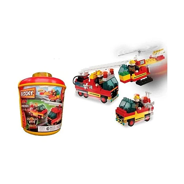 Bloques Blocky bomberos 100pzs en balde 19x23 cm